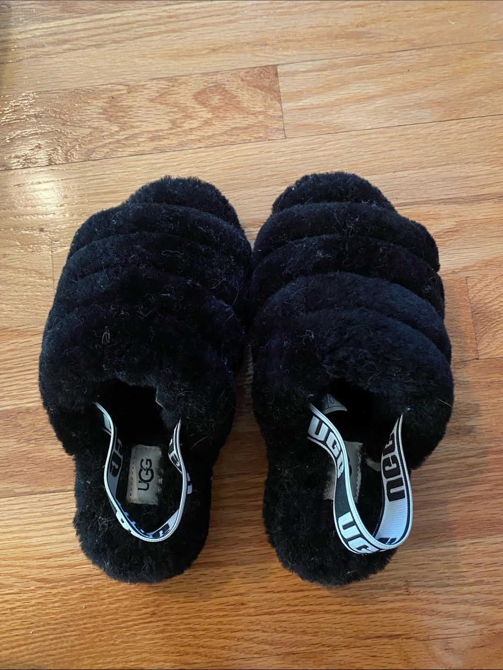 UGG Black Fluffy Slide Sandals with Branded Elastic Strap